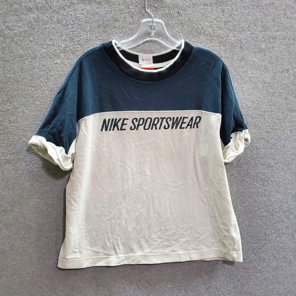 Nike Women Top Large Blue Colorblock T-Shirt Sportswear Logo Crew Neck Tee - Picture 1 of 10